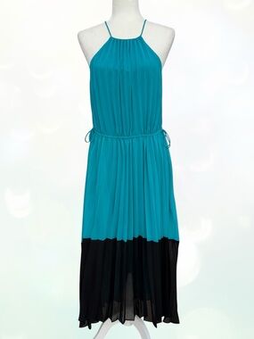 Shelby & Palmer Teal & Black Pleated Spagetti Strap Halter Maxi Dress Women’s 10